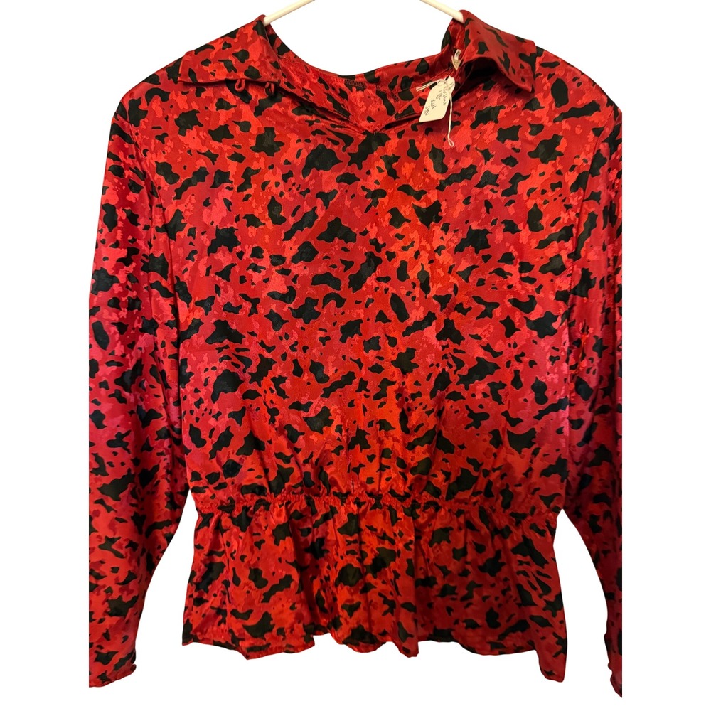 Vintage Stitches Red Black Animal Print Jacquard Peplum Blouse Cowl Neck Size 7